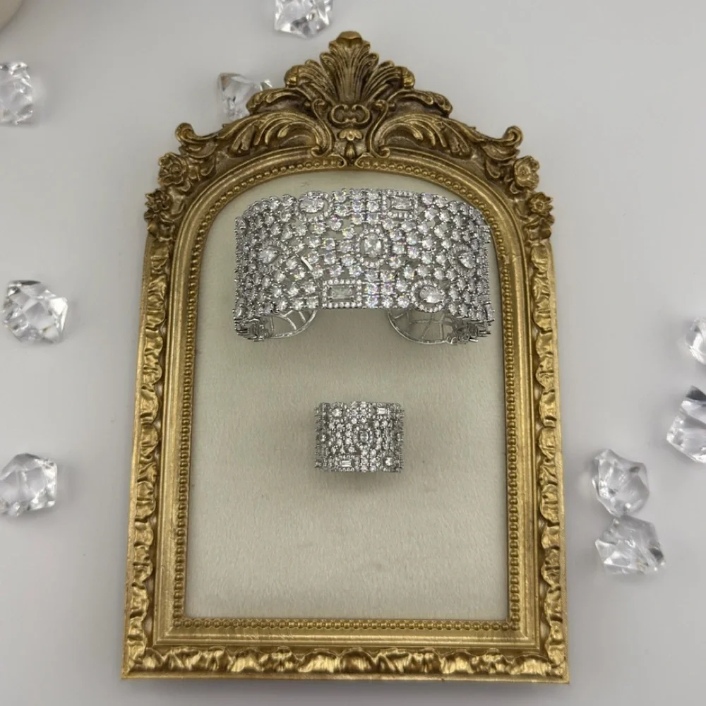 Luxury Cubic Zirconia Cuff Bracelet & Ring Set – Silver Tone - Picture 11 of 17